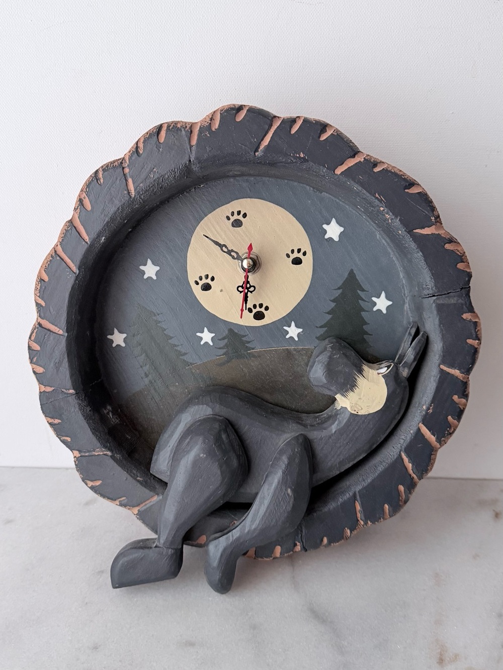 Handcrafted Gray bear  Moon Wall Clock